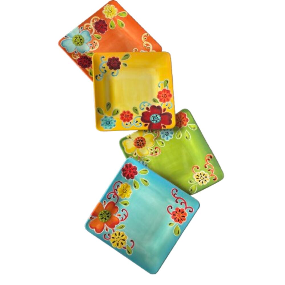 4 Laurie Gates Melamine Tropical Floral Embossed Lg. 10.5"x10.5" Dinner Plates